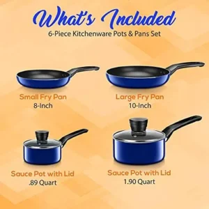 SereneLife Kitchenware Pots & Pans Basic Kitchen Cookware, Black Non-Stick Coating Inside, Heat Resistant Lacquer (6-Piece Set), One Size, Blue