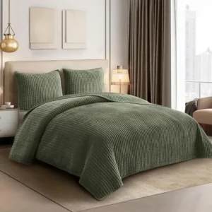 SHALALA Velvet Quilt King Size,Striped Bedding Set,Lightweight Velvet Comforter,Luxurious Cozy Bedspread and Coverlet with Soft Brushed Microfiber Back for All Season(King,Army Green)