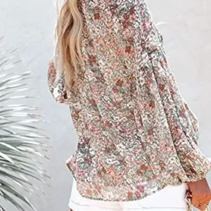 SHEWIN Women’s Casual Boho Floral Print V Neck Long Sleeve Loose Blouses Shirts Tops