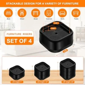 shouwuhho 4 Pack Furniture Risers Adjustable Bed Risers Heavy Duty Lifts Height 1″, Square Stackable Bed Risers 1, 2 or 3 Inch for Desk Leg Table Couch Sofa Chair Bed Frame Legs Dorm, Black