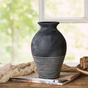 SIDUCAL Ceramic Rustic Farmhouse Vase, 9.2 inch Whitewashed Terracotta Vase, Pottery Vase,Clay Decorative Vases for Home Decor, Table, Living Room, Shelf, Mantel Decoration(Black)