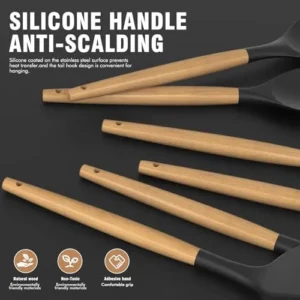 Silicone Cooking Utensils Set Utensil Sets – 446°F Heat Resistant Silicone Kitchen Utensils Set Wooden Handles, Silicone Utensils for Cooking w Holder for Non-Stick Cookware BPA FREE (Black)