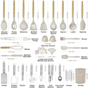 Silicone Kitchen Utensils Set, 46 pcs Cooking Utensils Set-Silicone Spatula Set- Kitchen Gadgets and Tools with Holder-Wooden Handle Silicone Kitchen Utensil with Tongs,Grater (Khaki)