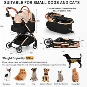 SKISOPGO 3 in 1 Foldable Pet Stroller for Small Medium Dogs Cats, No-Zip with Detachable Carrier, Push Button, Luxury Pet Gear Stroller for Puppy Travel (Khaki)