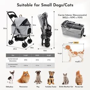 SKISOPGO Dog Cat Pet Gear 3-in-1 Foldable Pet Stroller Detachable Carrier, Car Seat and Stroller with Push Button Entry for Small Pets (Gray)