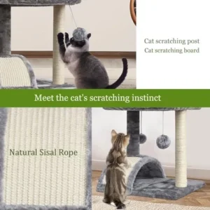 Small Cat Scratching Post with Bed,Sisal Scratcher Board for Indoor Cats with 2 Hanging Balls,Plush Perch,Removable Washable Cover,Great for Kittens(Light Grey 2)