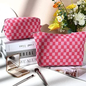 SOIDRAM 2 Pieces Makeup Bag Large Checkered Cosmetic Bag Pink Capacity Canvas Travel Toiletry Bag Organizer Cute Makeup Brushes Aesthetic Accessories Storage Bag for Women