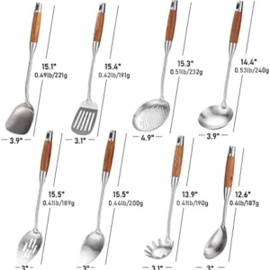 Standcn 304 Stainless Steel Kitchen Utensils Set with Wood Handle, 8 PCS Metal Cooking Utensils & Serving Utensils – Spatula and Ladle Set, Non Stick Cooking Spoons Set, Kitchen Gadgets Cookware Set