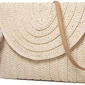 Straw Shoulder Bag Straw Clutch Women Hand-woven PomPom Straw Crossbody Bag Summer Beach Envelope Purse Wallet