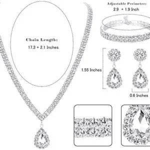 Subiceto Bridal Jewelry Set for Wedding Simple Necklace Teardrop Dangle Earrings Bracelets Crystal Prom Bridal Bridesmaid Tennis Jewelry Set