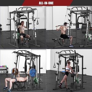 SunHome Smith Machine, 2000LBS Power Cage Squat Rack with Smith Bar, Two LAT Pull-Down Systems, Cable Crossover Machine and and More Cable Attachment for Home Gym