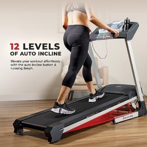 Sunny Health & Fitness Premium Treadmill with Auto Incline, Dedicated Speed Buttons, Double Deck Technology, Digital Performance Display, BMI Calculator & Pulse Sensors with Optional SunnyFit App