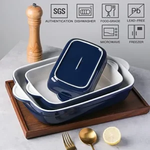 Sweejar Casserole Dish for Oven, Ceramic Non-Stick Roasting Baking Dish Sets of 3, Rectangular Lasagna Pan Deep for Cooking, Cake Dinner, Banquet, 13 x 9.4 Inch Bakeware with Handles (Navy)