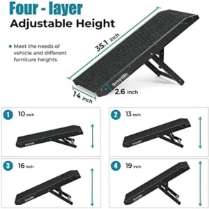 SweetBin 19″ Tall Pet Ramp – Small to Medium Dogs and Cats Use – Wooden Folding Portable Dog Ramp Perfect for Couch or Bed with Non Slip Carpet Surface – 4 Levels Height Adjustable Up to 110Lbs Black