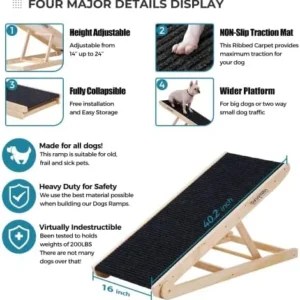 SweetBin Wooden Adjustable Pet Ramp for All Dogs and Cats – Non Slip Carpet Surface and Foot Pads – 41″ Long and Adjustable from 12” to 24” – Up to 200LBS – Folding Dog Car Ramps for SUV, Bed, Couch