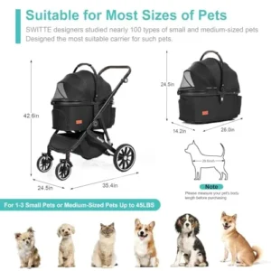 SWITTE Dog Stroller for Small Medium Dogs, Cat Stroller for Lagre Cats, Pet Stroller 3-in-1 4 Wheels Travel Jogger for Puppies Doggies Kitties Bunnies Stroller with Detachable Carrier-Black