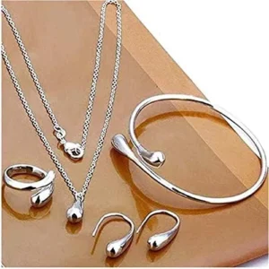 Syhonic 925 Silver Jewelry Set for Women, Teardrop Necklace + Earring + Ring + Bangle Set for 4 Pcs, Party Mother’s Day Prom Wedding Fashion Accessories Gift