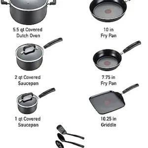 T-fal Signature Nonstick Cookware Set 12 Piece Oven Safe 350F Pots and Pans, Dishwasher Safe Black