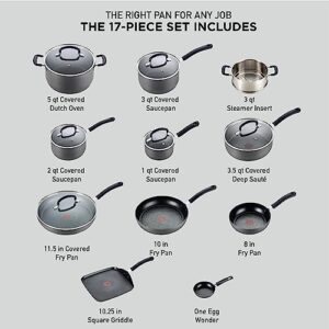 T-fal Ultimate Hard Anodized Nonstick Cookware Set 17 Piece Oven Safe 400F, Lid Safe 350F Pots and Pans, Dishwasher Safe Black