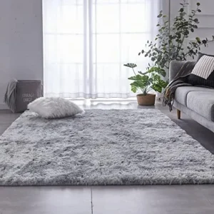 TABAYON Shag Area Rug, 4′ x 6′ Tie-Dyed Light Grey Indoor Ultra Soft Plush Rugs for Living Room, Non-Skid Nursery Faux Fur Rugs for Kids Room Home Décor