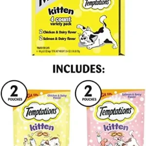 Temptations Kitten Treats, Chicken & Dairy and Salmon & Dairy, Crunchy and Soft Treat, 4-Pack Multipack (6.3 Ounce Per Pack)