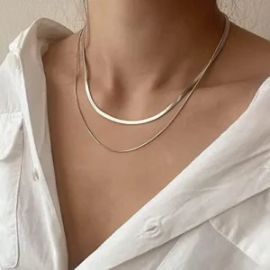 Tewiky Herringbone Necklace for Women Dainty 14k Gold Snake Chain Necklace Layered Gold Herringbone Double Flat Snake Chain Choker Necklace Thin Chunky Chain Necklace Gift for Her