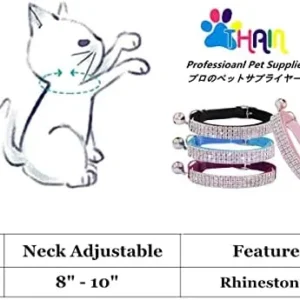 THAIN Rhinestones Cat Dog Collar Soft Velvet Safe Adjustable Collar Bling Diamante with Bells, 8-11 inch for Small Dogs and Cats (Pink)