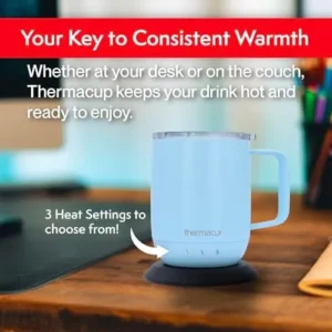 Thermacup Self-Heating Temperature Controlled Coffee Mug with Lid, Led Electric Smart Cup, 3 Custom Heat Settings, Auto/Off Feature, Keeps Liquids Warm, Sip Smarter (Mist Blue – 12 oz)