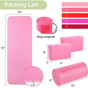 Timgle 10 Pcs Yoga Mat Set Pink Yoga Blocks and Strap Travel Size Quality Density Foam Roller and Different Resistance Levels Elastic Band for Home Workout Yoga Exercise Gym Training