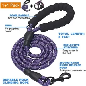 tobeDRI No Pull Dog Harness Adjustable Reflective Oxford Easy Control Medium Large Harness with A Free Heavy Duty 5ft Leash (L (Neck: 18″-25.5″, Chest: 24.5″-33″), Purple)