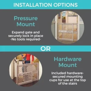 Toddleroo by North States Supergate Ergo Child Gate, Baby Gate for Stairs and Doorways. Includes Wall Cups. Pressure or Hardware Mount. Made in USA. (26″ Tall, Sand)