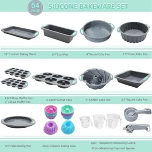 Tongjude 54 Pieces Silicone Baking Pans Set, 10 Silicone Cake Molds, Loaf Pan and Muffin Pans, Non-Stick Baking Cup, with Measuring Cups and Spoons Set, Grey