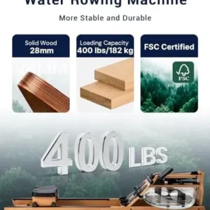 TOPIOM Water Rowing Machine with TM-3 Performance Monitor, 400 lbs Max Load, Oak Wood Rower Machine