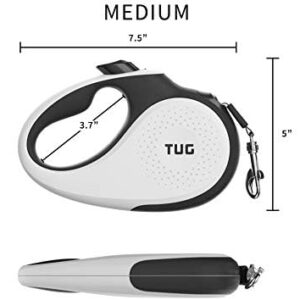 TUG 360° Tangle-Free Retractable Dog Leash | 16 ft Strong Nylon Tape | One-Handed Brake, Pause, Lock (Medium, White)