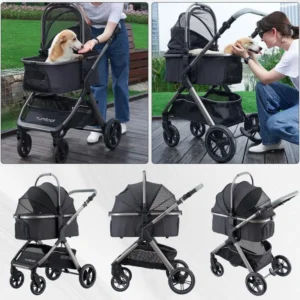 TUMITPET Pet Stroller for Small Medium Dogs, Cat Stroller Travel System Four Wheel Dog Stroller with Carrier, Zipperless Entry/Cup Holder/Storage Basket