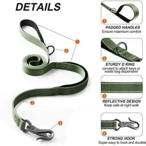 TwoEar 6FT 1IN Strong Green Dog Leash with 2 Padded Handles, Traffic Handle Extra Control, Comfortable Soft Dual Handle, Auto Lock Hook, Reflective Walking Lead for Small Medium and Large Dogs