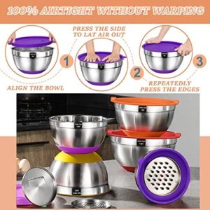 Umite Chef Mixing Bowls with Airtight Lids, 26Pcs Stainless Steel Bowls Set, 3 Grater Attachments & Colorful Non-Slip Bottoms Size 7, 4, 2.5, 2.0,1.5, 1QT, Great for Mixing & Serving