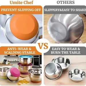 Umite Chef Mixing Bowls with Airtight Lids, 6 Piece Stainless Steel Metal Bowls, Measurement Marks & Colorful Non-Slip Bottoms Size 7, 3.5, 2.5, 2.0,1.5, 1QT, Great for Mixing & Serving