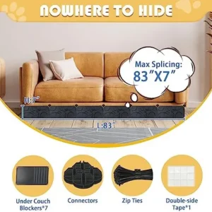 Under Bed Blocker for Pets, 83”L x 7”H Keep Toys from Going Under Bed or Furniture with Sticky Double Side Tape, Connectors and Zip Ties, Black