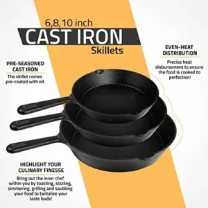 Utopia Kitchen Pre Seasoned Cast Iron Skillet 3 Piece, Cast Iron Grill Pan, Frying Pans, Saute Fry Pan, Cast Iron Set (Black)