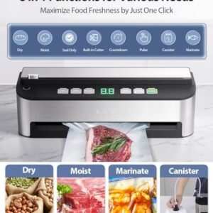 Vacuum Sealer Machine, Beelicious® 85KPA Fully Automatic 8-IN-1 Food Sealer with Bags Storage, Build-in Cutter, Moist Mode and Air Suction Hose | Digital Countdown | Sous Vide