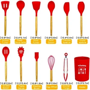 Veluebay Kitchen Utensils Set, 12 Pcs Silicone Cooking Utensils Set With Wooden Handle, Heat Resistant Nonstick Silicone BPA Free Kitchen Gadgets Utensils Set (red)