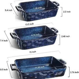 VICRAYS Ceramic Bakeware Set, Porcelain Rectangular Lasagna Pans Casserole Dish Set for Baking, Cooking, Kitchen, Cake Dinner, Banquet and Daily Use, 3 PCS, 15 x 8.5 Inches(Blue)