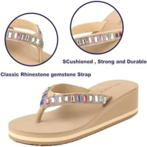 VICT POPU Flip Flops Sandals for Women Bling Rhinestones Jewel High Heel Arch Support Comfortable Soft Cushion Wedge Slip-on Casual Platform Summer Thong Sandals