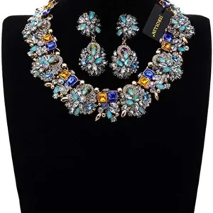 Vintage Crystal Rhinestone Statement Choker Bib Statement Necklace Earring Fashion Costume Jewelry Set for Women