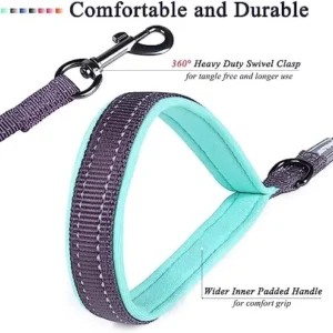 VIVAGLORY Traffic Handle Dog Leash, Two Padded Soft Handles Dog Leash, Strong Reflective & Metal Hook Training Dog Lead, Grey