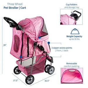 VIVO Pink 3 Wheel Pet Stroller for Cat, Dog and More, Foldable Carrier Strolling Cart, STROLR-V003N