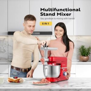 VIVOHOME 6 in 1 Multifunctional Stand Mixer with 8.5 Quart Stainless Steel Bowl, 660W 10 Speed Tilt-Head Meat Grinder, Juice Blender, Vegetable Slicer, Pasta and Cookie Maker, Red