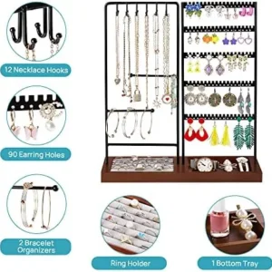 Vtopmart Jewelry Holder Organizer Stand Tree for Earring Necklace Ring Bracelets Display and Storage, with 90 Holes, 12 Hooks, Ring Tray, Black+ Walnut