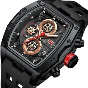 Watches for Men Luxury Skeleton Tonneau Watch for Men Waterproof Adjustable Silicone Strap Steampunk Style Chronograph Calendar Date Business Luminous Cool Large Square Face Wristwatch